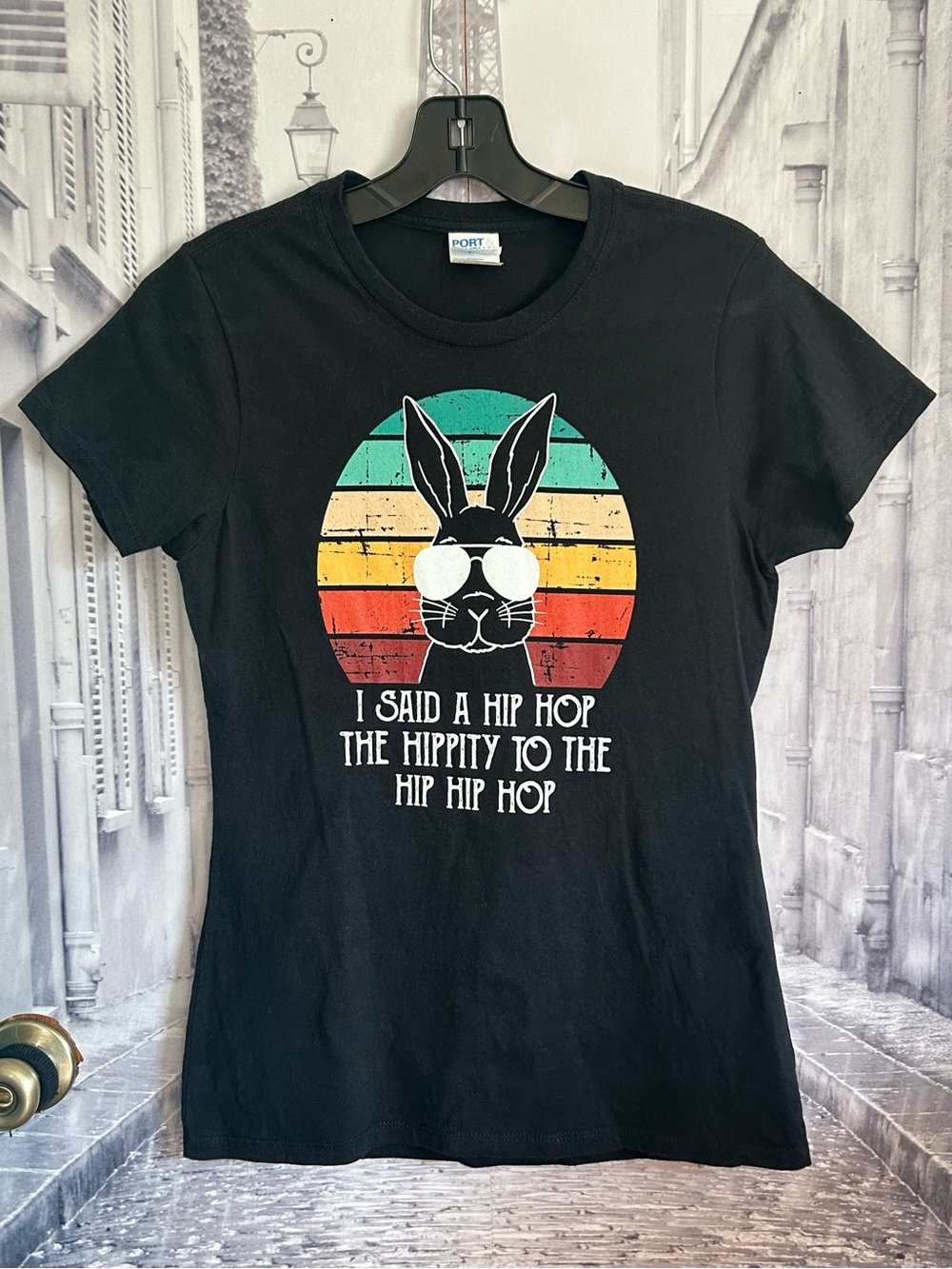Black Graphic Bunny Tee - Retro Stripe Hip Hop
